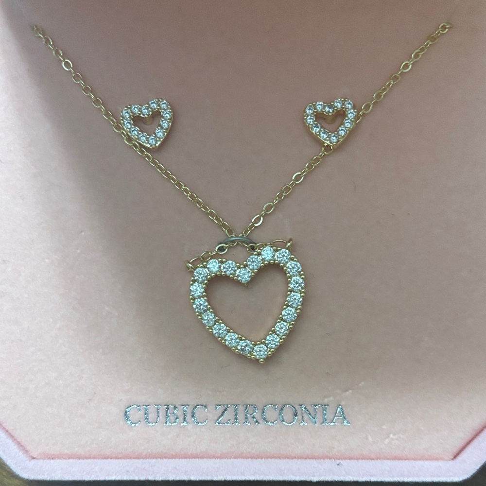 Gold Heart Cubic Zirconia Necklace and Earrings Set - Gold
